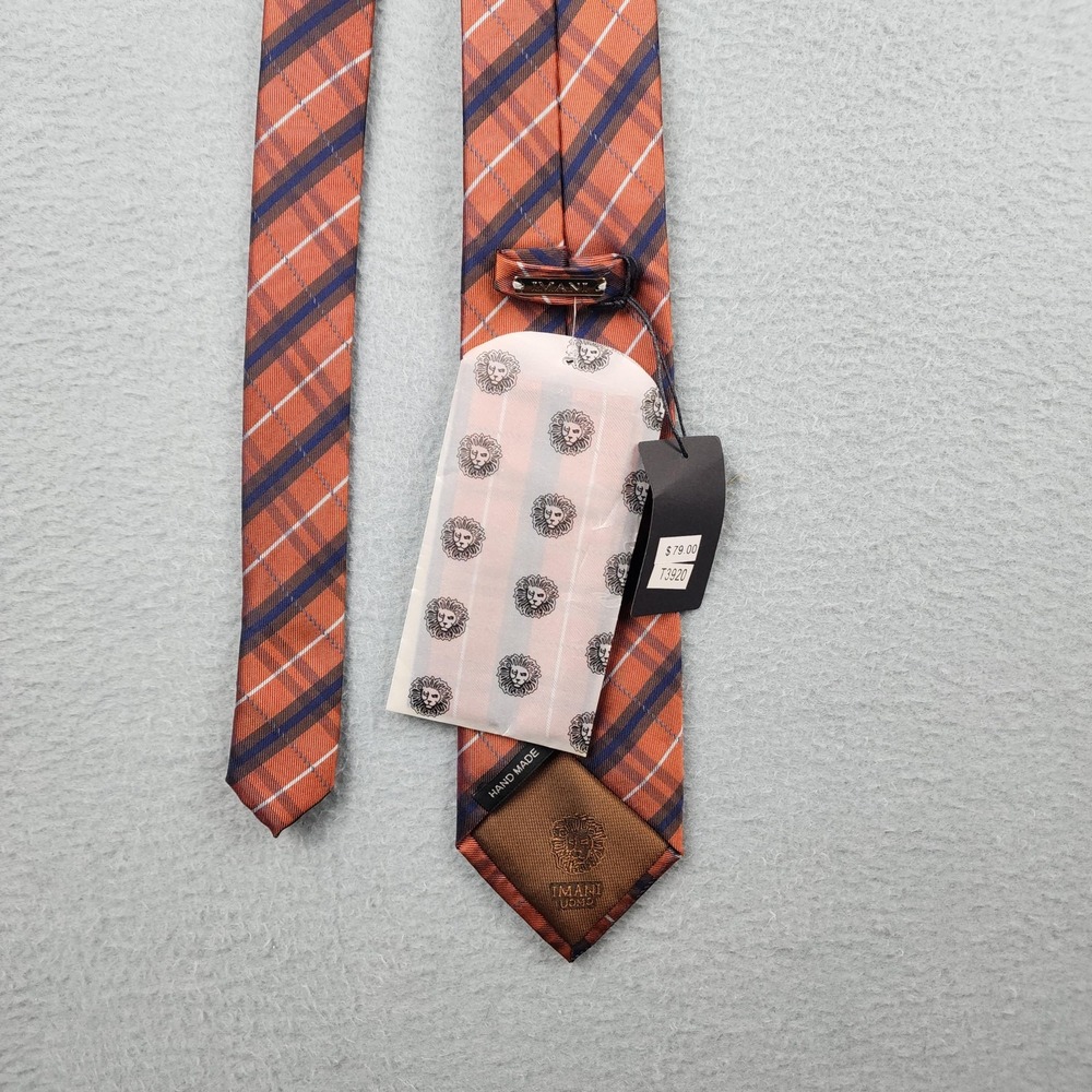 Imani Uomo Tie Mens One Size Orange Plaid 100% Microfiber Hand Made Necktie